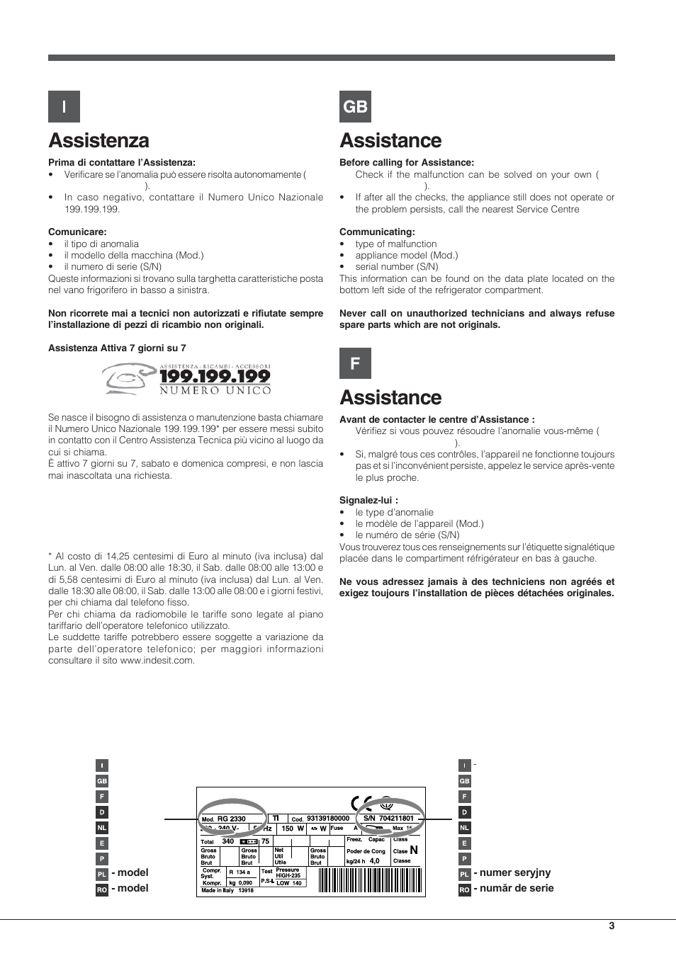 Assistenza, Assistance | Hotpoint Ariston Combiné EBLH 18223 F O3 User Manual | Page 3 / 52