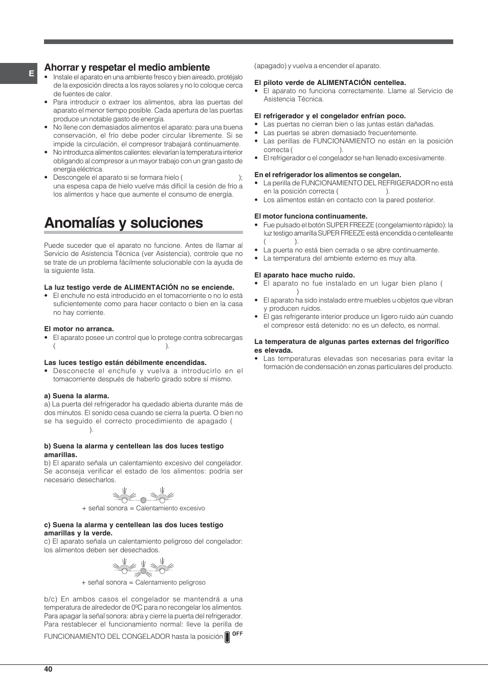 Anomalías y soluciones, Ahorrar y respetar el medio ambiente | Hotpoint Ariston Combiné EBLH 18223 F O3 User Manual | Page 40 / 52