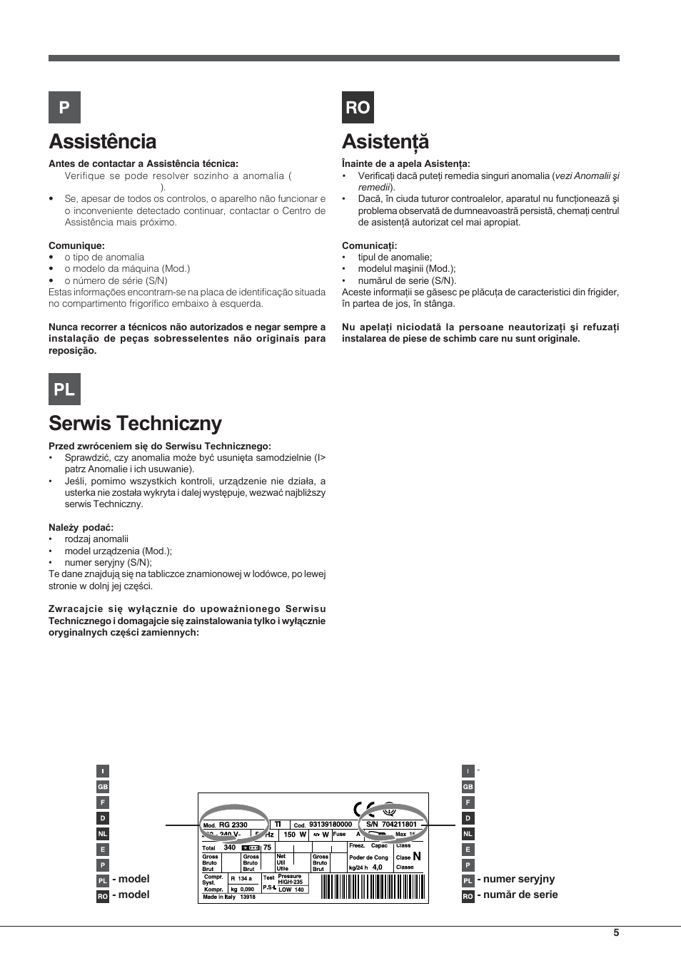 Assistência | Hotpoint Ariston Combiné EBLH 18223 F O3 User Manual | Page 5 / 52