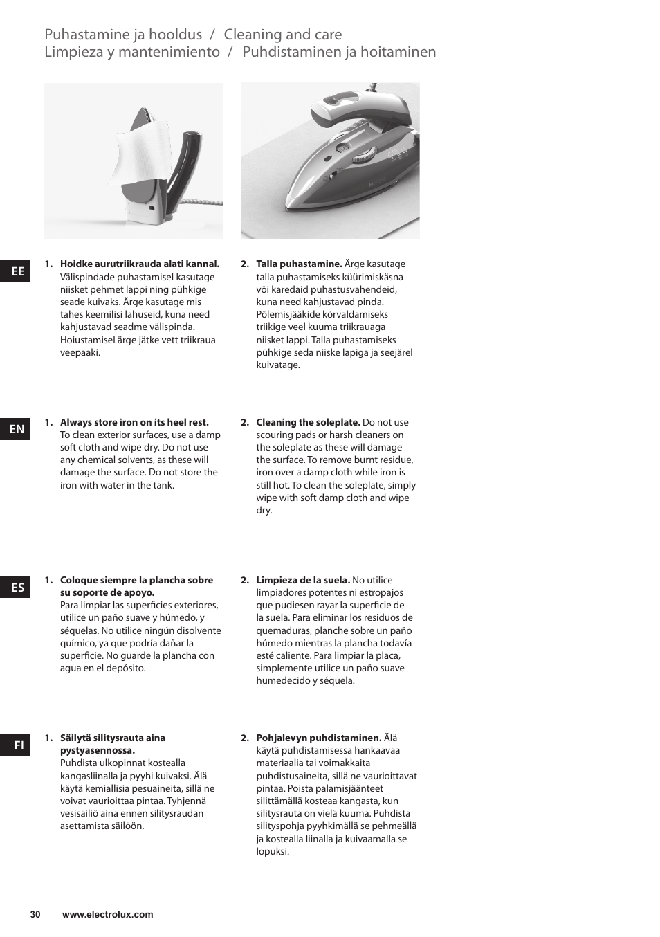 Puhdistaminen ja hoitaminen, Limpieza y mantenimiento, Cleaning and care | Puhastamine ja hooldus | Electrolux EDBT800 User Manual | Page 30 / 108