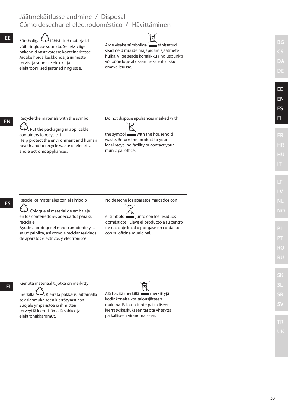 Hävittäminen, Cómo desechar el electrodoméstico, Disposal | Jäätmekäitlusse andmine | Electrolux EDBT800 User Manual | Page 33 / 108