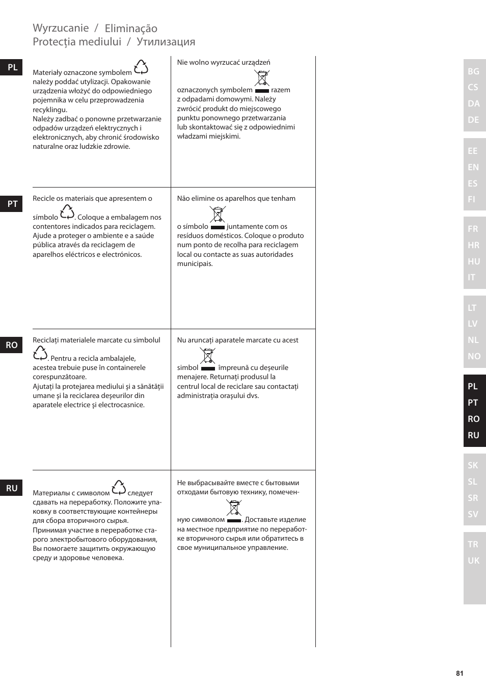 Утилизация, Protecţia mediului, Eliminação | Wyrzucanie | Electrolux EDBT800 User Manual | Page 81 / 108