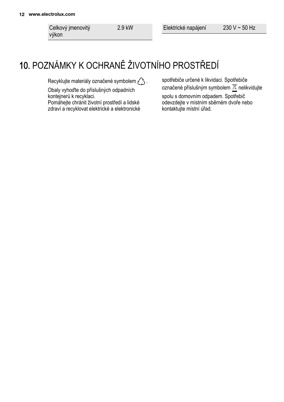 Poznámky k ochraně životního prostředí | Electrolux EHF3920BOK User Manual | Page 12 / 72