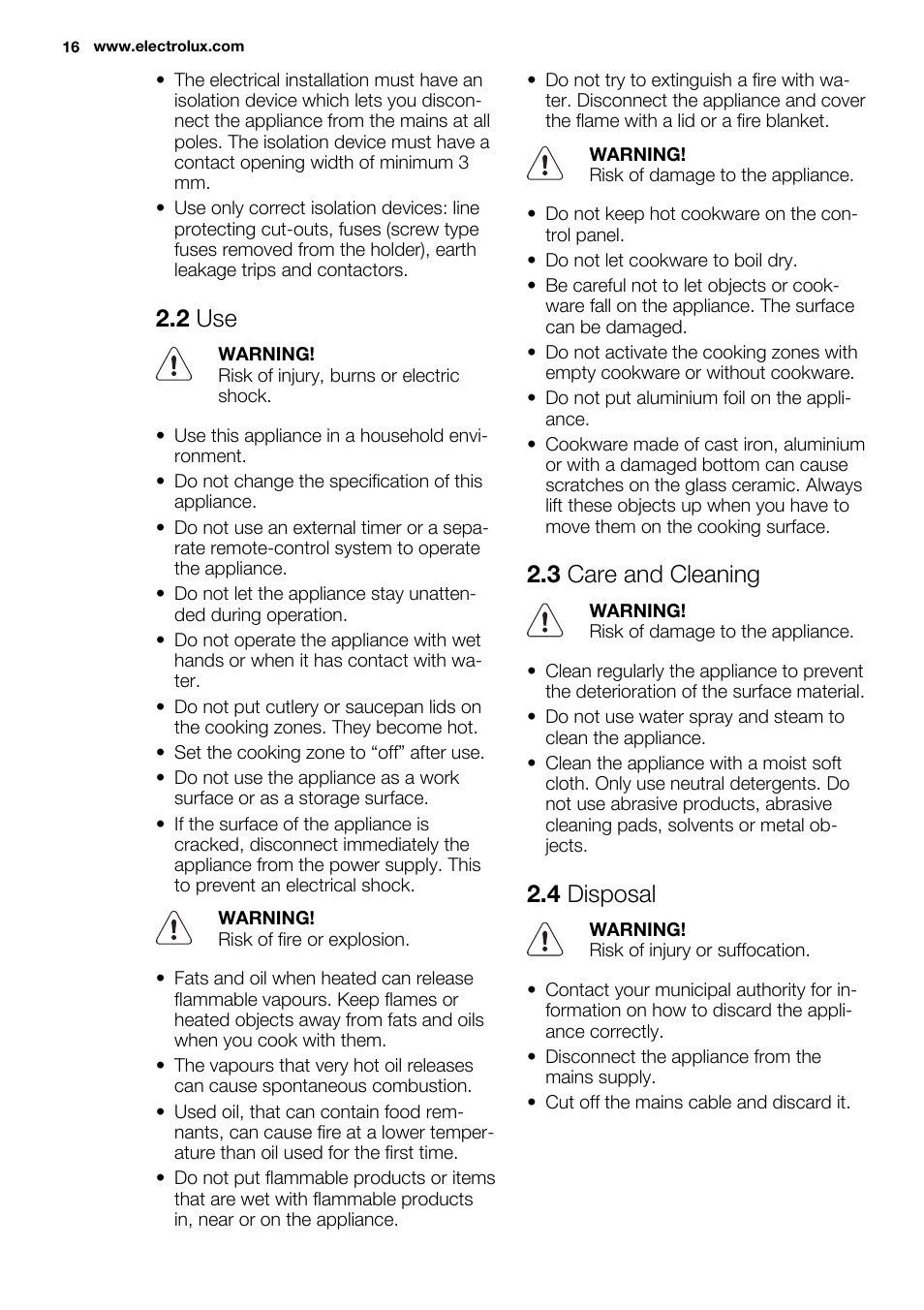 2 use, 3 care and cleaning, 4 disposal | Electrolux EHF3920BOK User Manual | Page 16 / 72