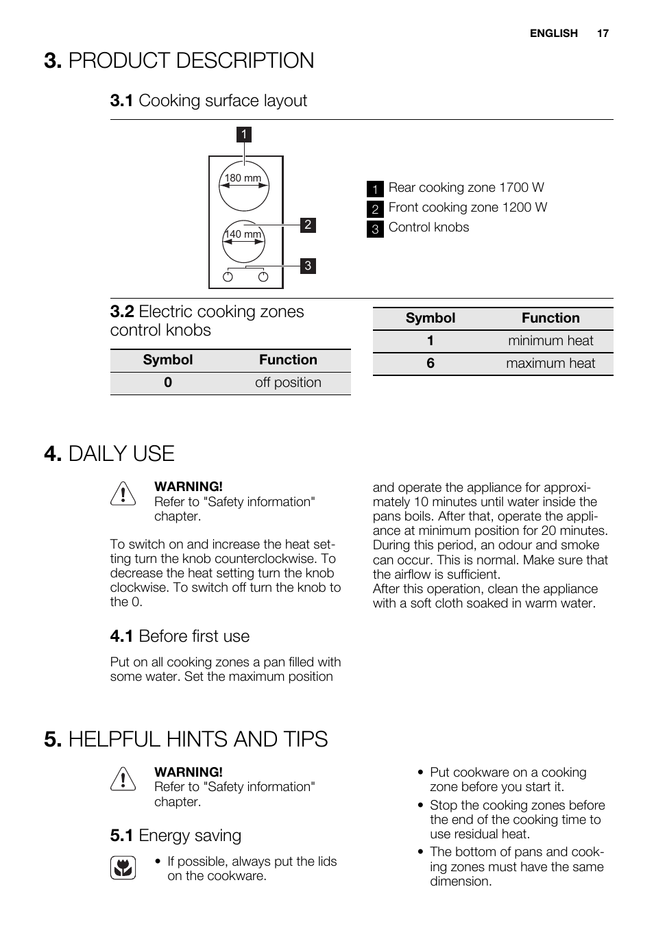 Product description, Daily use, Helpful hints and tips | 1 cooking surface layout, 2 electric cooking zones control knobs, 1 before first use, 1 energy saving | Electrolux EHF3920BOK User Manual | Page 17 / 72