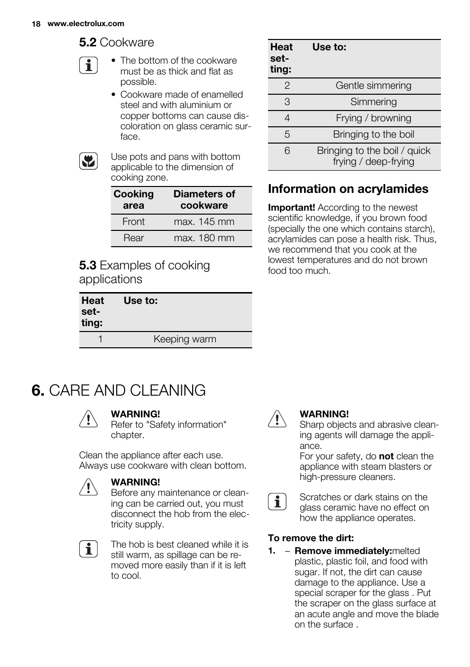 Care and cleaning, 2 cookware, 3 examples of cooking applications | Information on acrylamides | Electrolux EHF3920BOK User Manual | Page 18 / 72