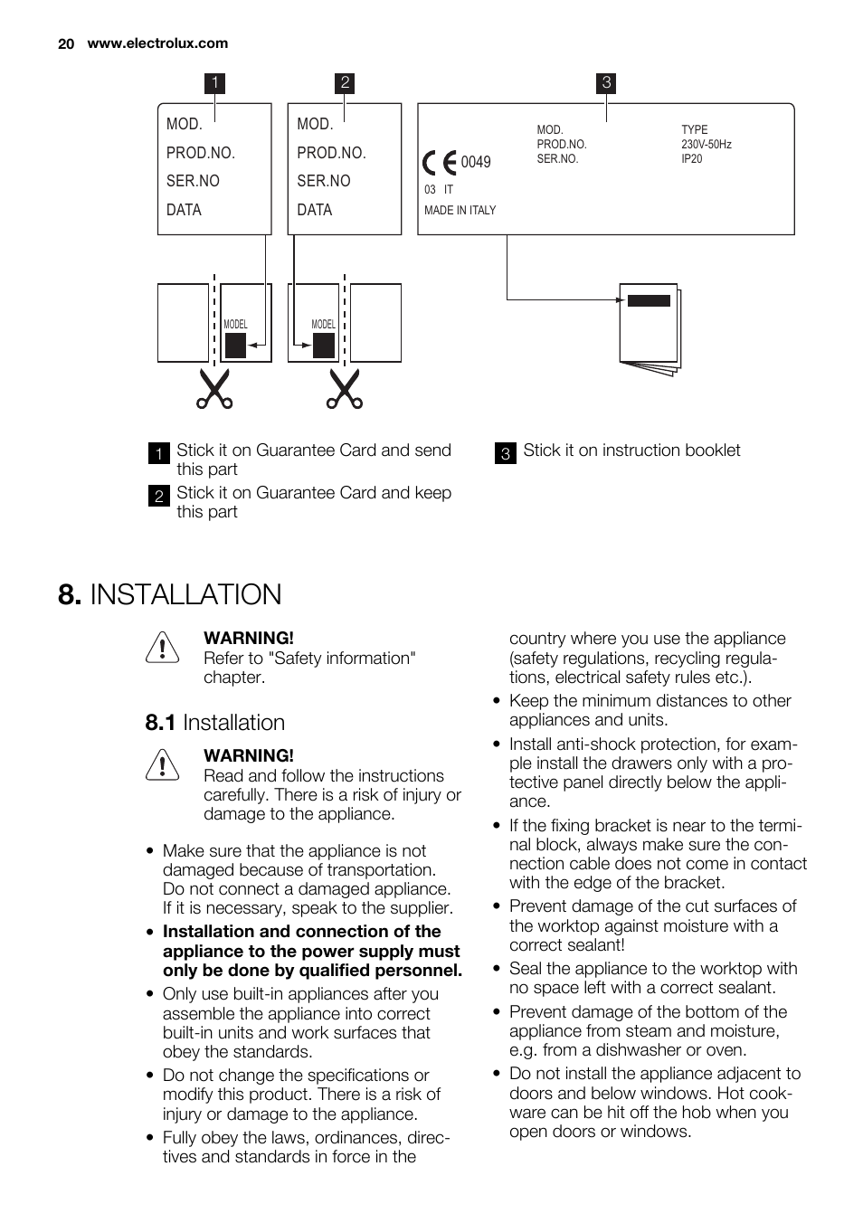 Installation, 1 installation | Electrolux EHF3920BOK User Manual | Page 20 / 72