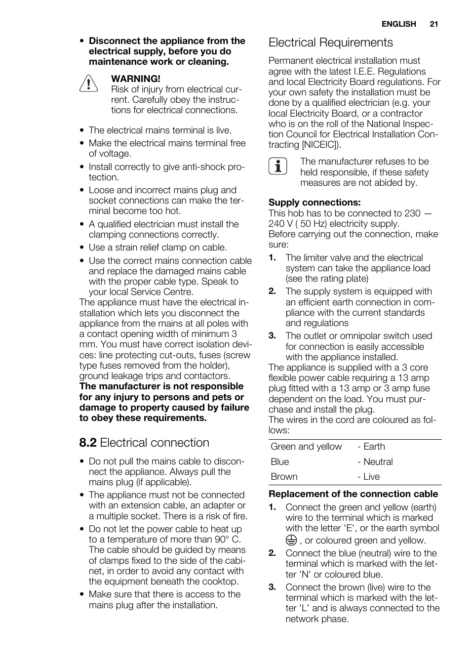 2 electrical connection, Electrical requirements | Electrolux EHF3920BOK User Manual | Page 21 / 72