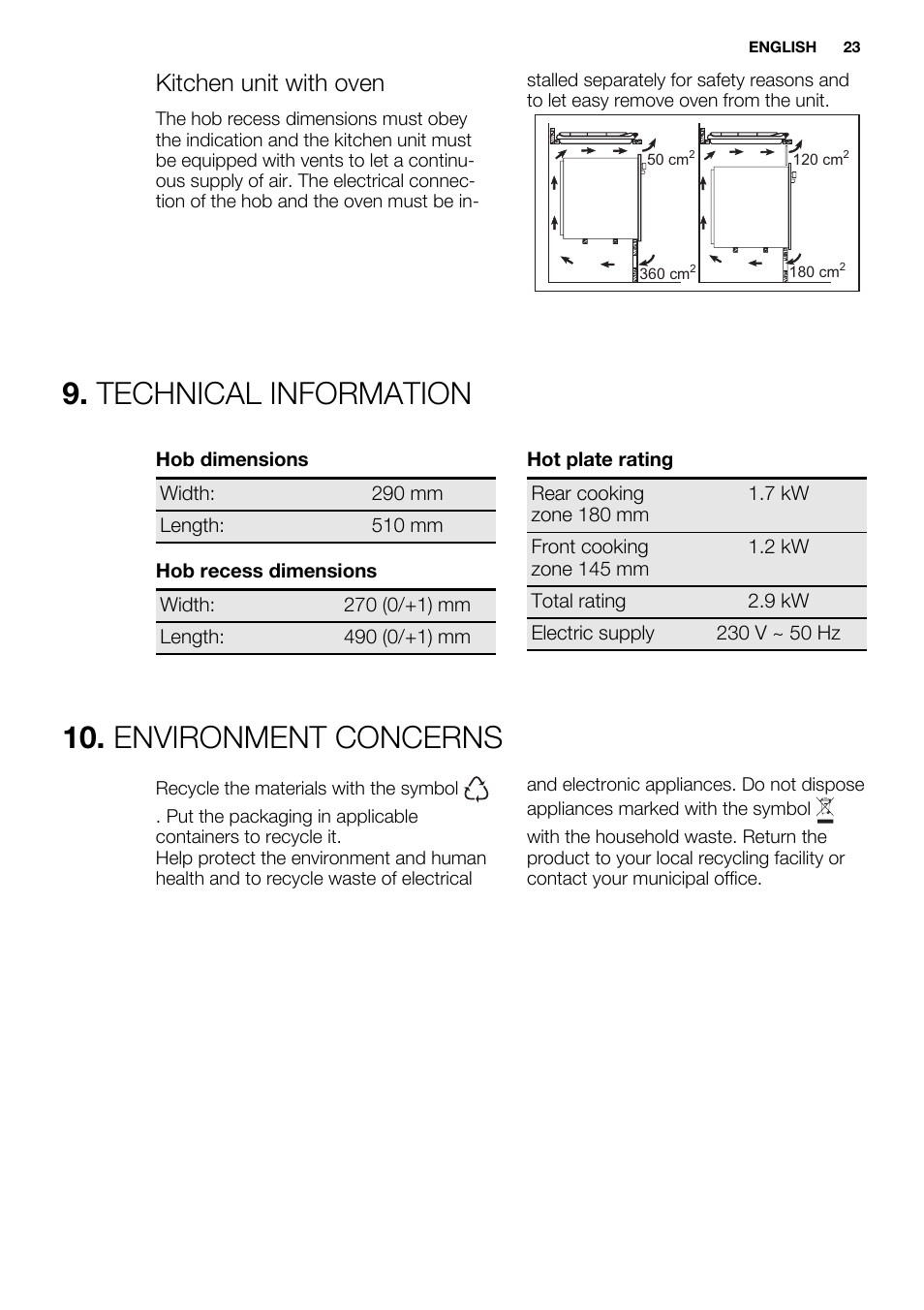 Technical information, Environment concerns, Kitchen unit with oven | Electrolux EHF3920BOK User Manual | Page 23 / 72
