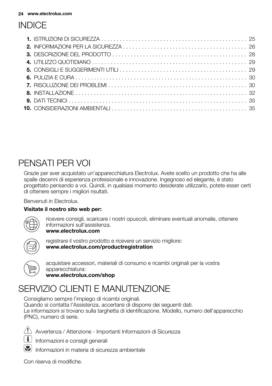 Indice, Pensati per voi, Servizio clienti e manutenzione | Electrolux EHF3920BOK User Manual | Page 24 / 72