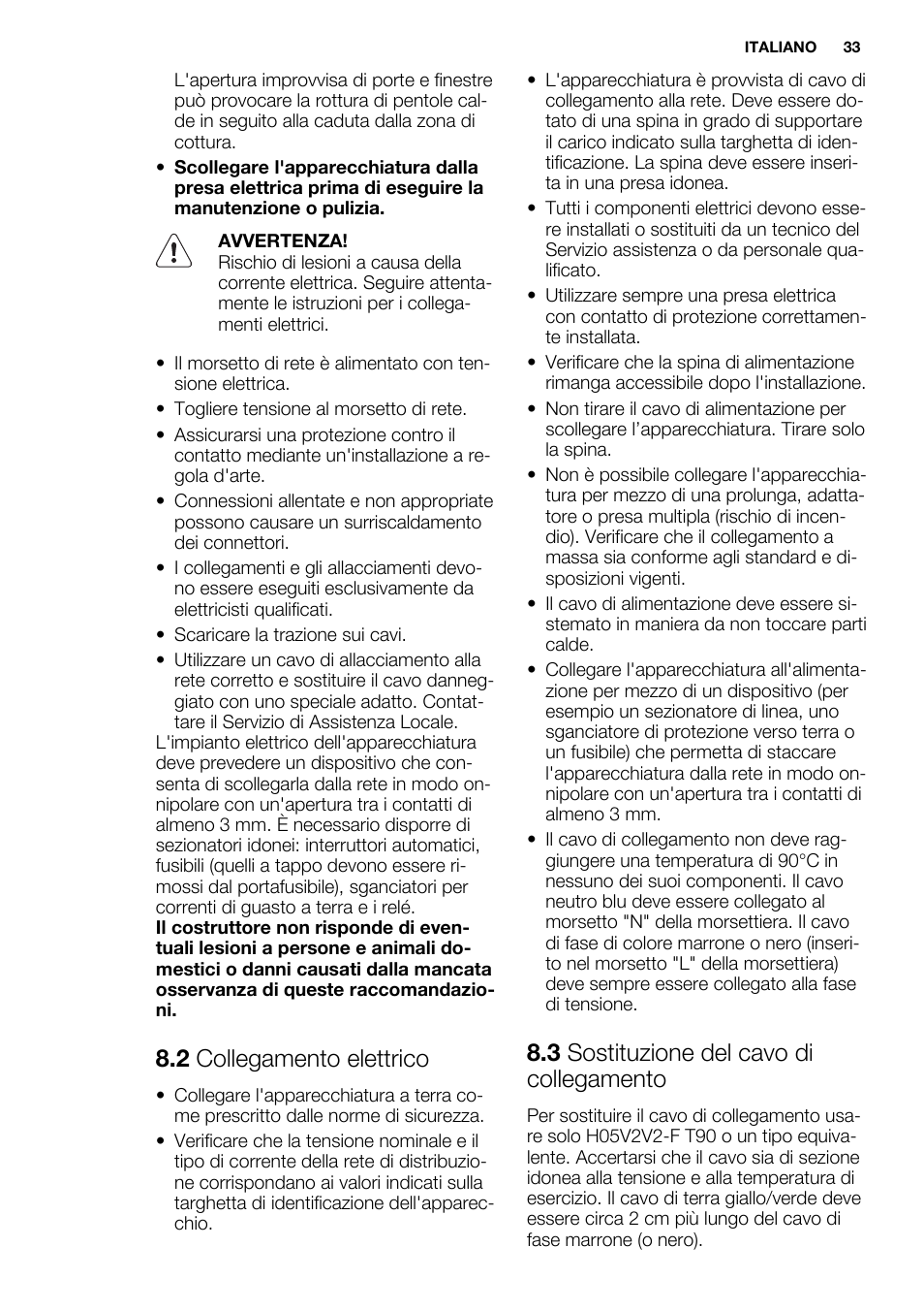 2 collegamento elettrico, 3 sostituzione del cavo di collegamento | Electrolux EHF3920BOK User Manual | Page 33 / 72