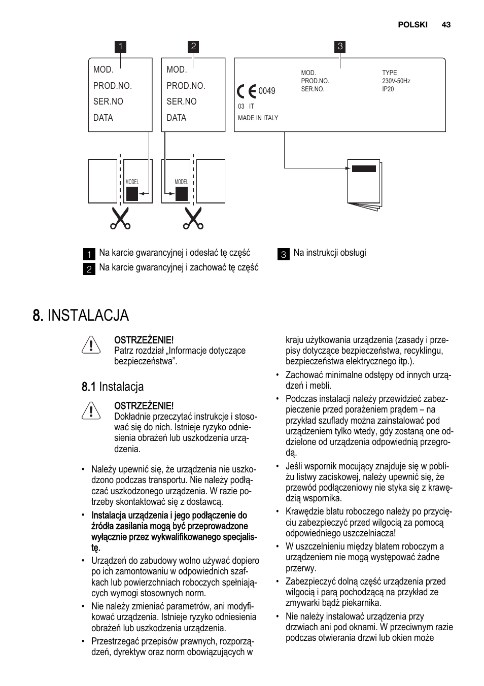 Instalacja, 1 instalacja | Electrolux EHF3920BOK User Manual | Page 43 / 72