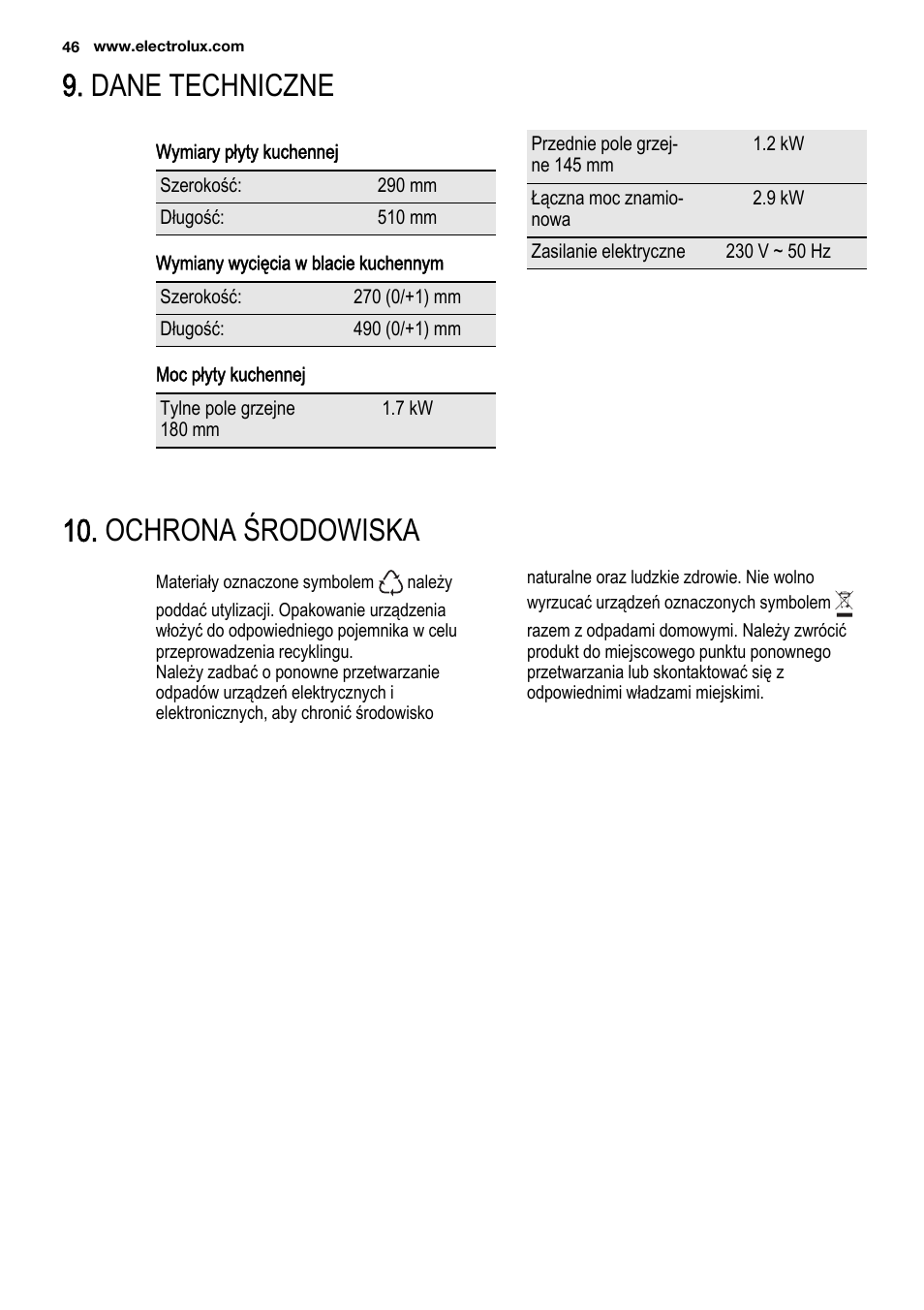 Dane techniczne, Ochrona środowiska | Electrolux EHF3920BOK User Manual | Page 46 / 72