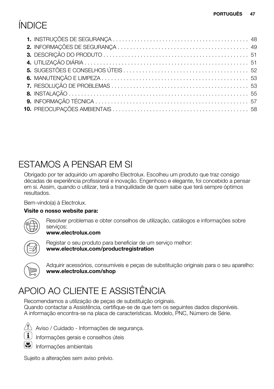 Índice, Estamos a pensar em si, Apoio ao cliente e assistência | Electrolux EHF3920BOK User Manual | Page 47 / 72