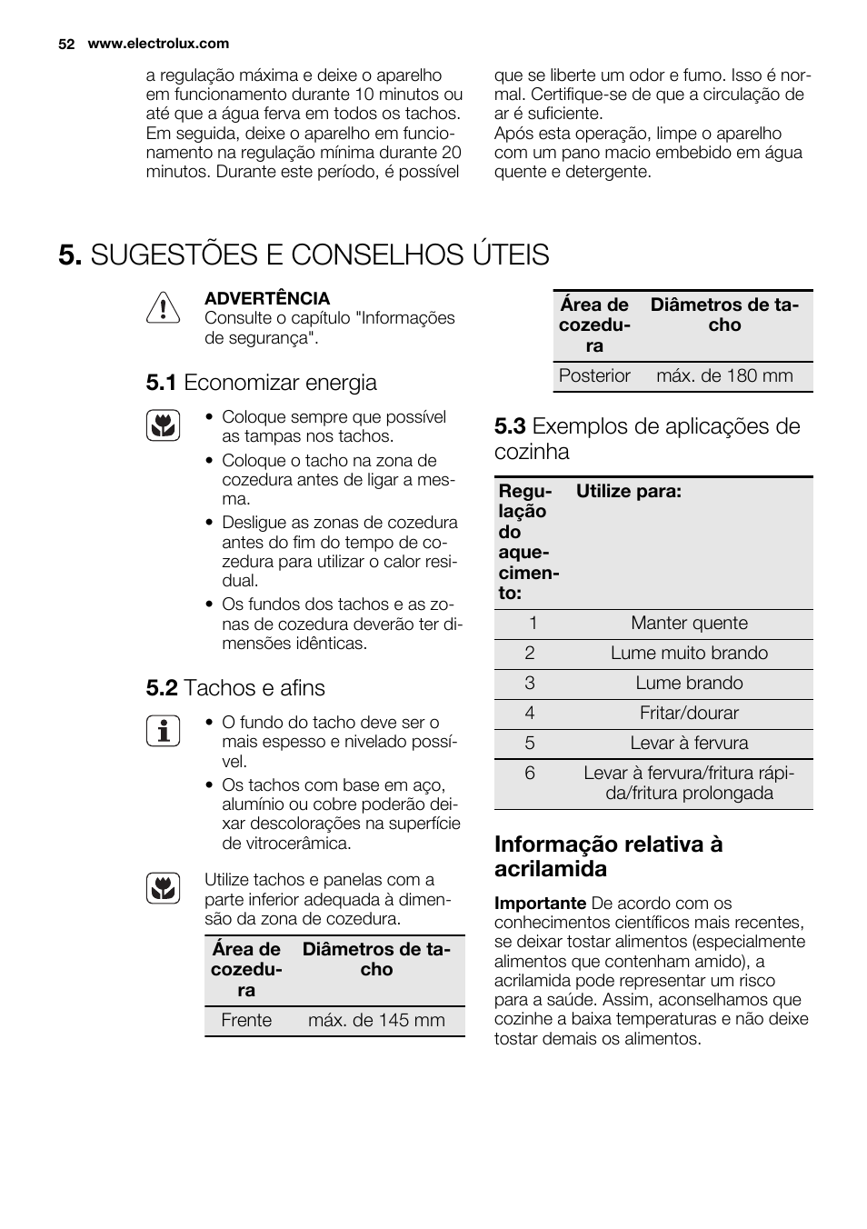 Sugestões e conselhos úteis, 1 economizar energia, 2 tachos e afins | 3 exemplos de aplicações de cozinha, Informação relativa à acrilamida | Electrolux EHF3920BOK User Manual | Page 52 / 72