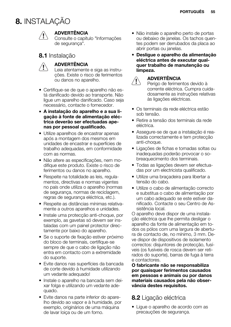 Instalação, 1 instalação, 2 ligação eléctrica | Electrolux EHF3920BOK User Manual | Page 55 / 72