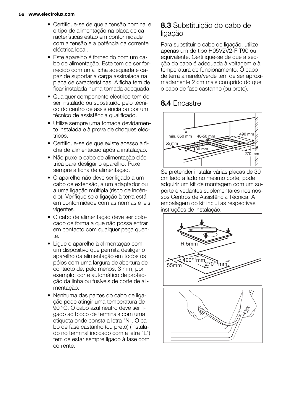 3 substituição do cabo de ligação, 4 encastre | Electrolux EHF3920BOK User Manual | Page 56 / 72