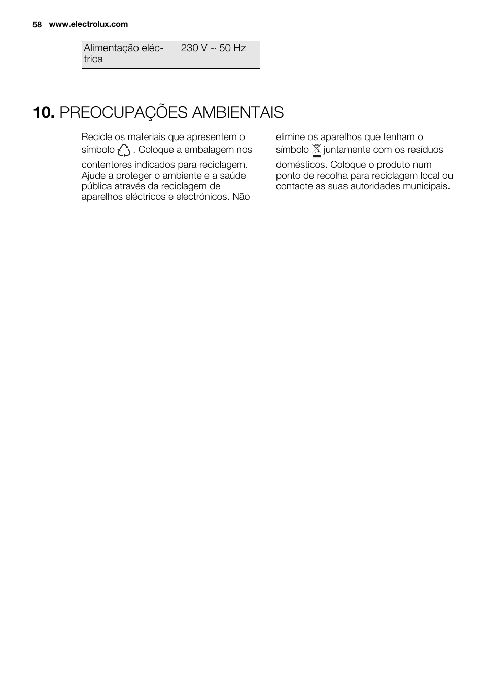 Preocupações ambientais | Electrolux EHF3920BOK User Manual | Page 58 / 72