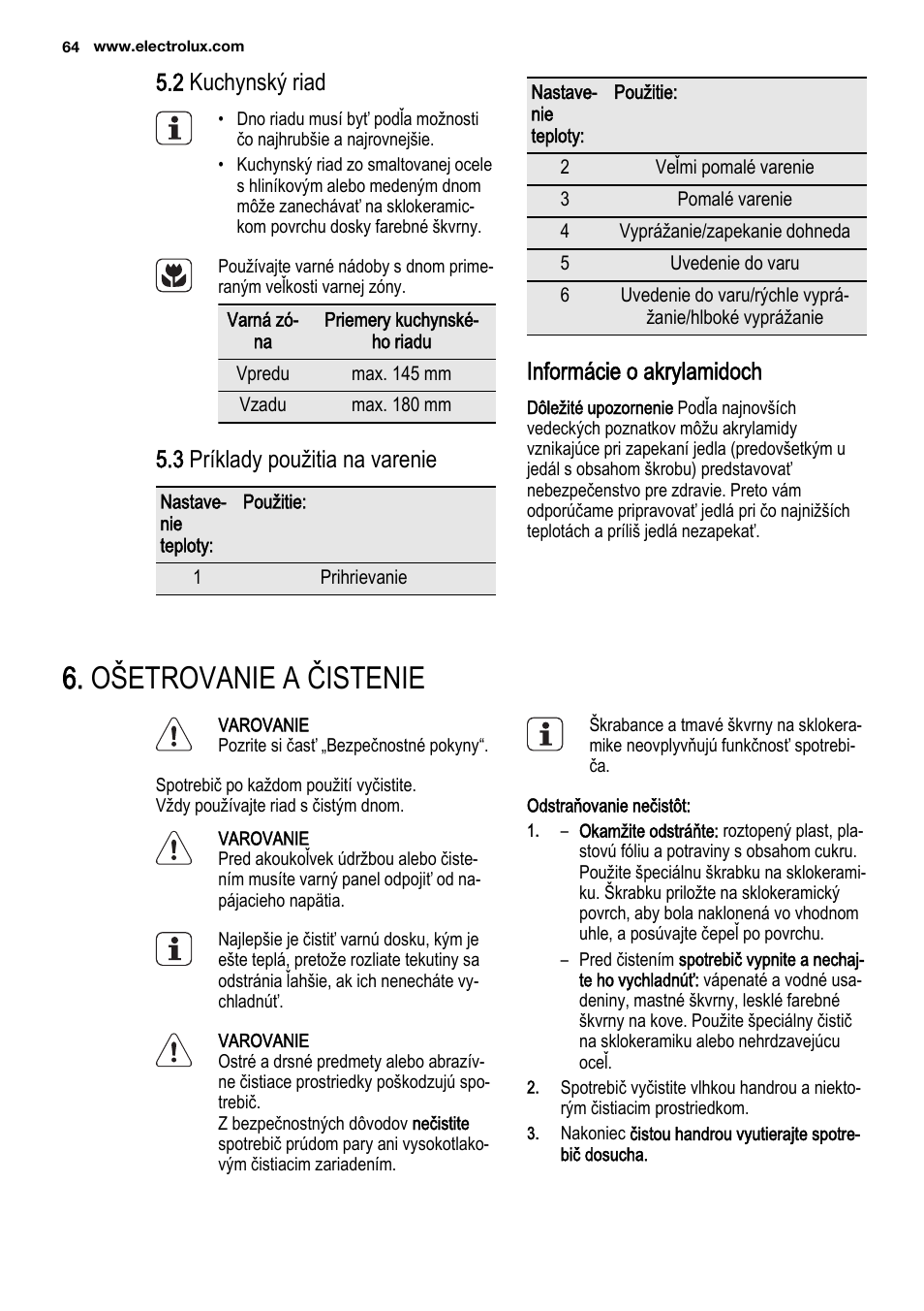 Ošetrovanie a čistenie, 2 kuchynský riad, 3 príklady použitia na varenie | Informácie o akrylamidoch | Electrolux EHF3920BOK User Manual | Page 64 / 72