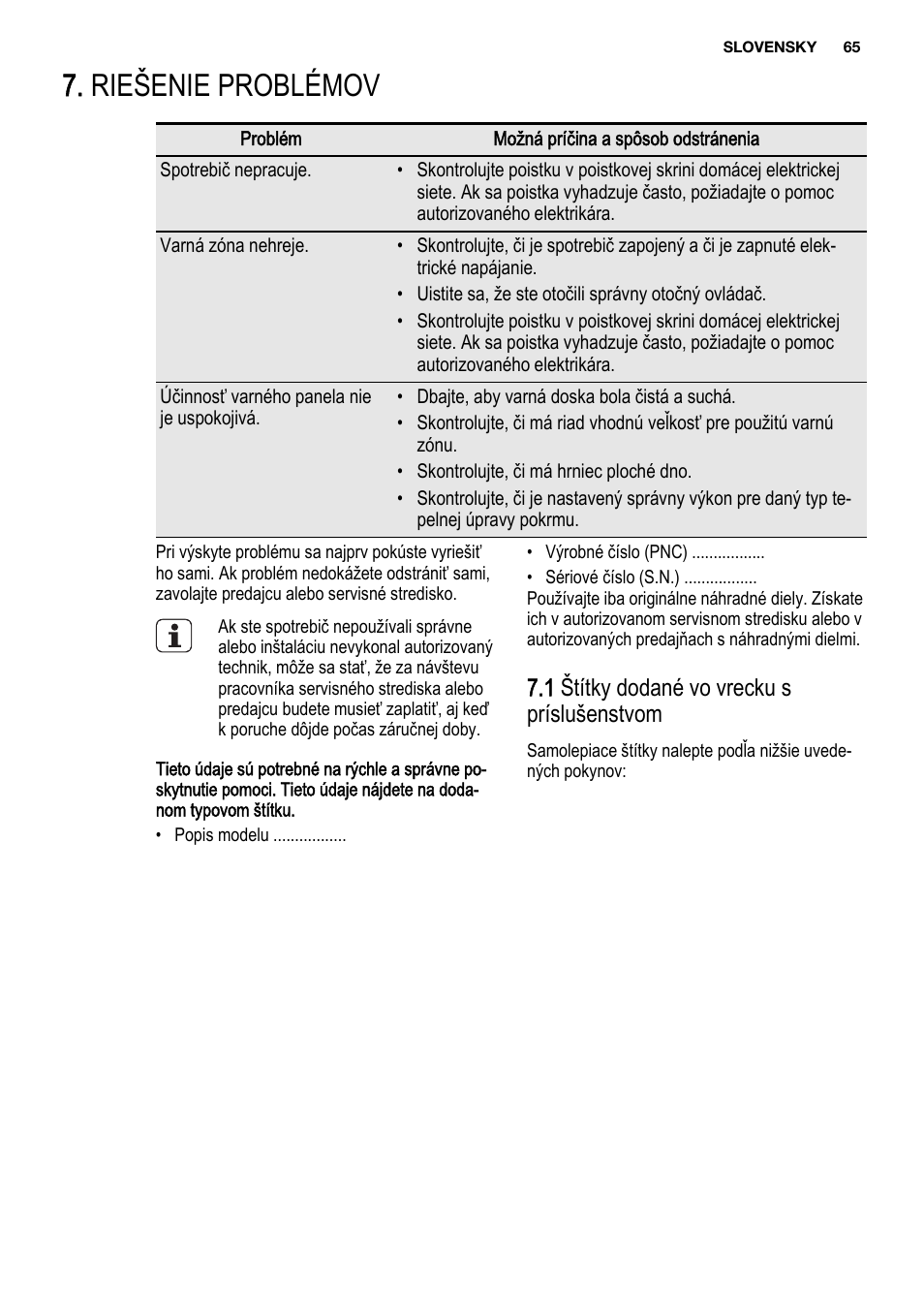 Riešenie problémov, 1 štítky dodané vo vrecku s príslušenstvom | Electrolux EHF3920BOK User Manual | Page 65 / 72