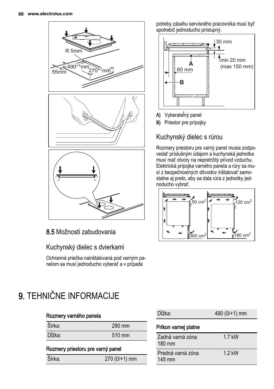 Tehnične informacije, Kuchynský dielec s rúrou | Electrolux EHF3920BOK User Manual | Page 68 / 72