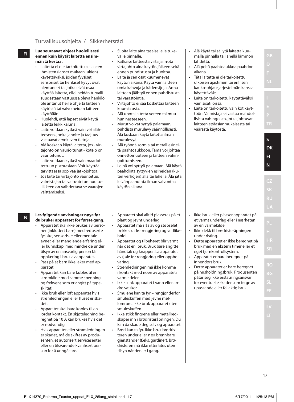 Turvallisuusohjeita / sikkerhetsråd | Electrolux EAT7100R User Manual | Page 17 / 48