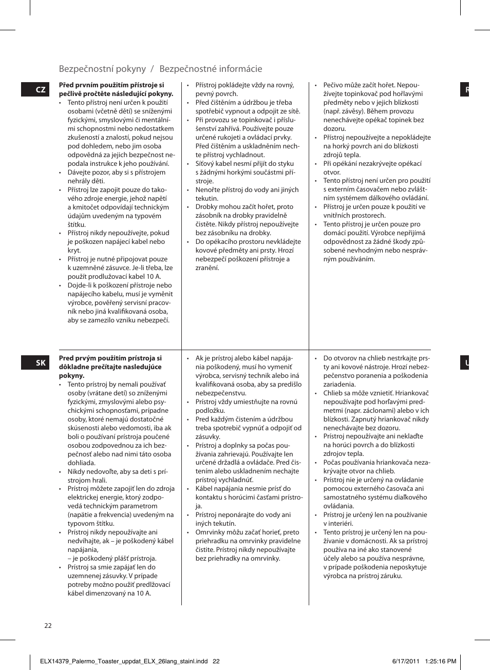 Bezpečnostní pokyny / bezpečnostné informácie | Electrolux EAT7100R User Manual | Page 22 / 48