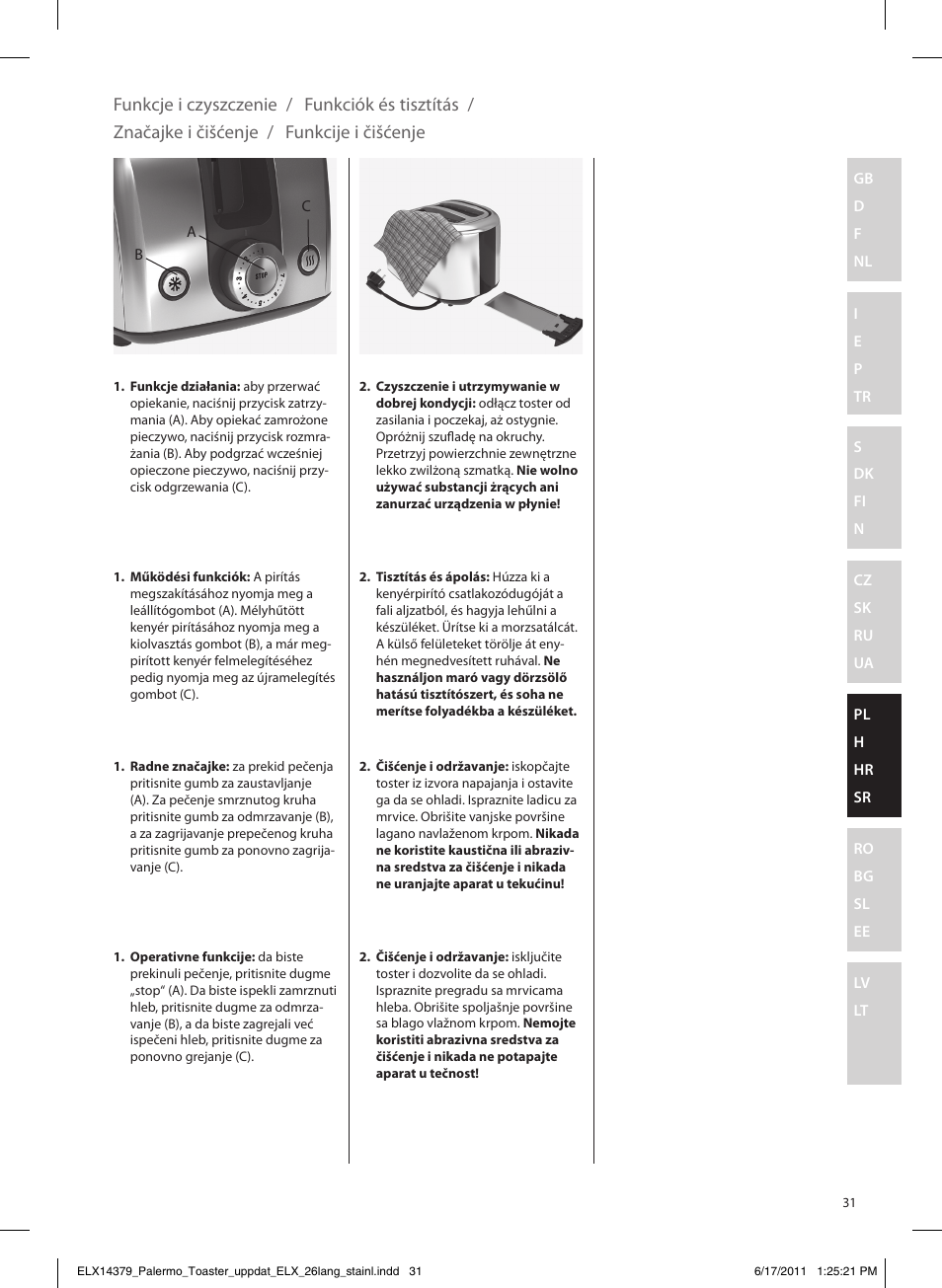 Funkcje i czyszczenie, Funkciók és tisztítás, Značajke i čišćenje | Funkcije i čišćenje | Electrolux EAT7100R User Manual | Page 31 / 48