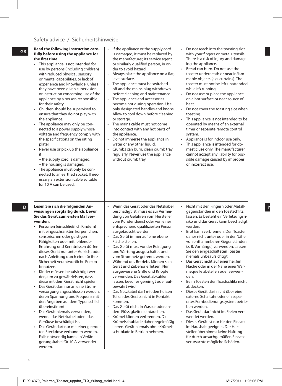 Sicherheitshinweise, Safety advice | Electrolux EAT7100R User Manual | Page 4 / 48
