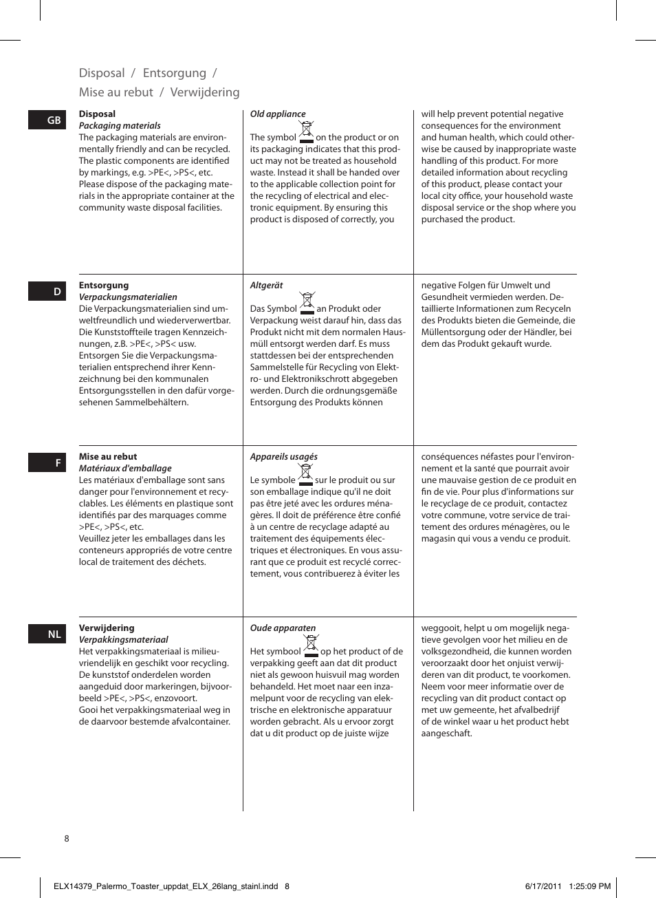 Disposal, Entsorgung, Mise au rebut | Verwijdering | Electrolux EAT7100R User Manual | Page 8 / 48