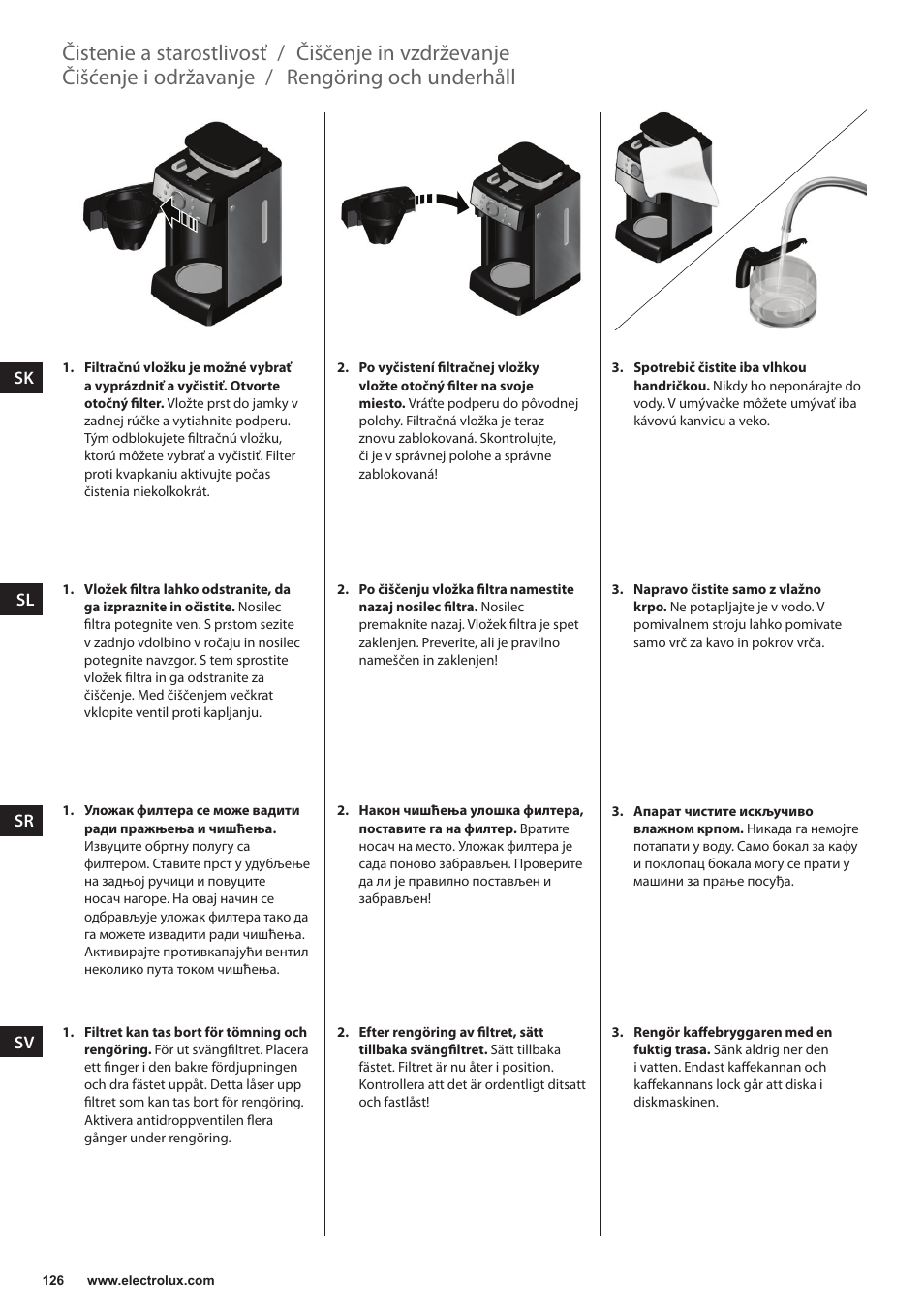 Rengöring och underhåll, Čišćenje i održavanje, Čiščenje in vzdrževanje | Čistenie a starostlivosť | Electrolux EKAM300 User Manual | Page 126 / 154