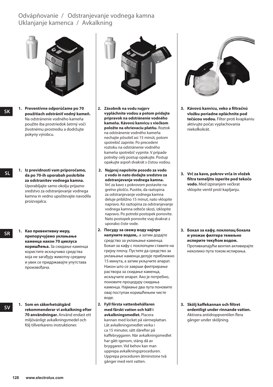 Avkalkning, Uklanjanje kamenca, Odstranjevanje vodnega kamna | Odvápňovanie | Electrolux EKAM300 User Manual | Page 128 / 154