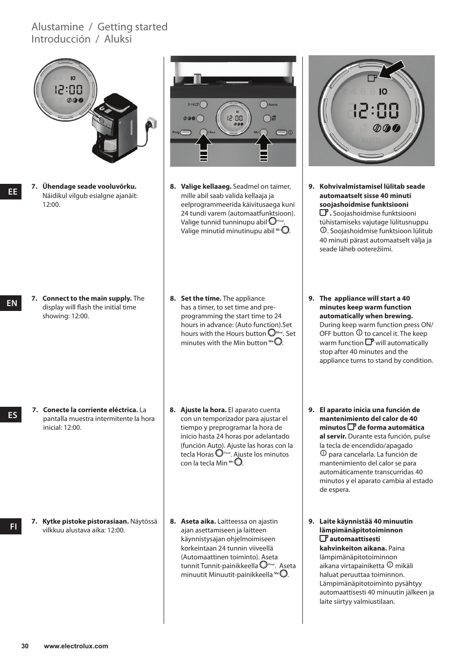 Aluksi, Introducción, Getting started | Alustamine | Electrolux EKAM300 User Manual | Page 30 / 154