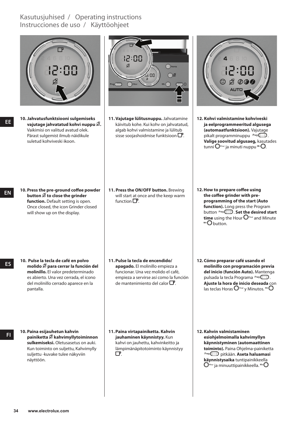 Käyttöohjeet, Instrucciones de uso, Operating instructions | Kasutusjuhised | Electrolux EKAM300 User Manual | Page 34 / 154