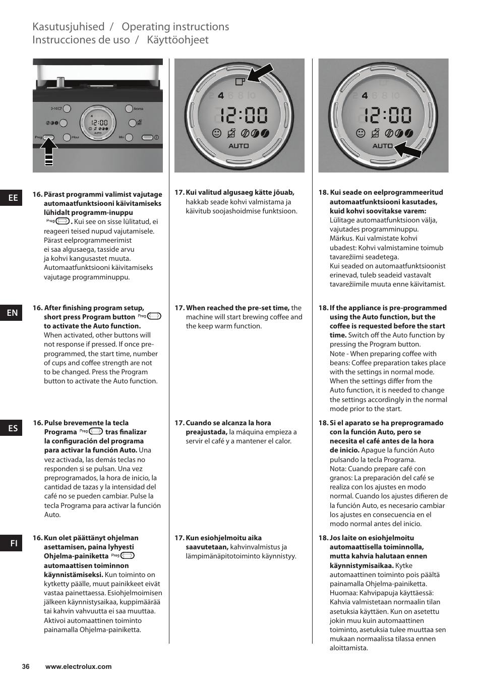 Käyttöohjeet, Instrucciones de uso, Operating instructions | Kasutusjuhised | Electrolux EKAM300 User Manual | Page 36 / 154