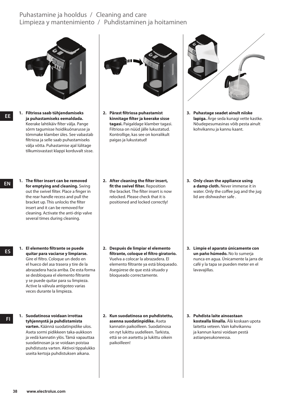 Puhdistaminen ja hoitaminen, Limpieza y mantenimiento, Cleaning and care | Puhastamine ja hooldus | Electrolux EKAM300 User Manual | Page 38 / 154