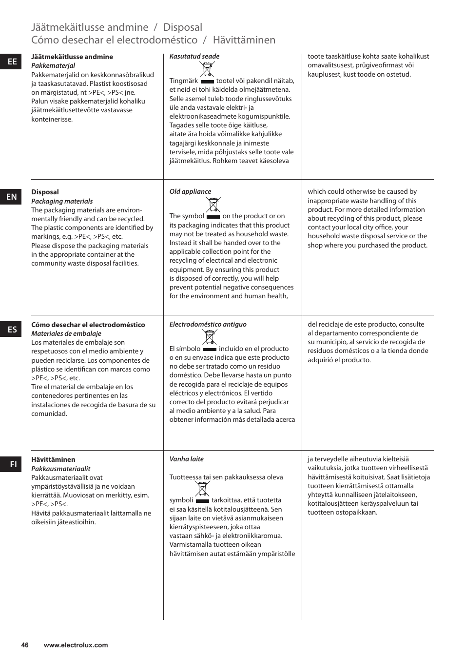 Hävittäminen, Cómo desechar el electrodoméstico, Disposal | Jäätmekäitlusse andmine | Electrolux EKAM300 User Manual | Page 46 / 154