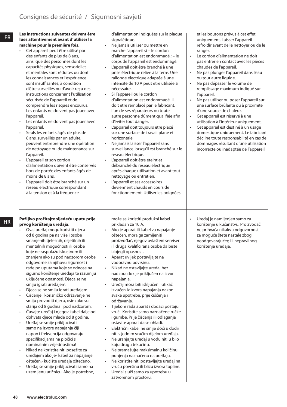 Sigurnosni savjeti, Consignes de sécurité, It hr | Electrolux EKAM300 User Manual | Page 48 / 154