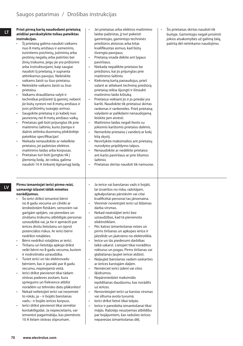 Drošības instrukcijas, Saugos patarimas | Electrolux EKAM300 User Manual | Page 70 / 154