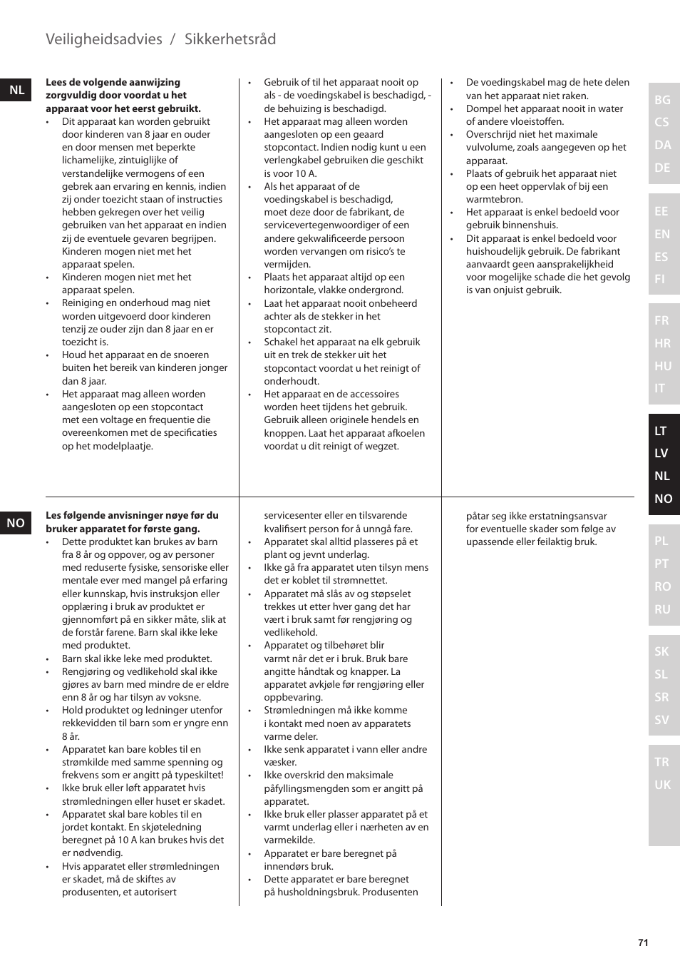 Sikkerhetsråd, Veiligheidsadvies | Electrolux EKAM300 User Manual | Page 71 / 154