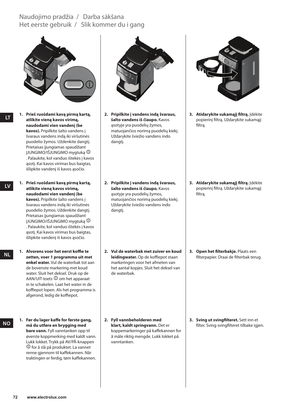 Slik kommer du i gang, Het eerste gebruik, Darba sākšana | Naudojimo pradžia | Electrolux EKAM300 User Manual | Page 72 / 154