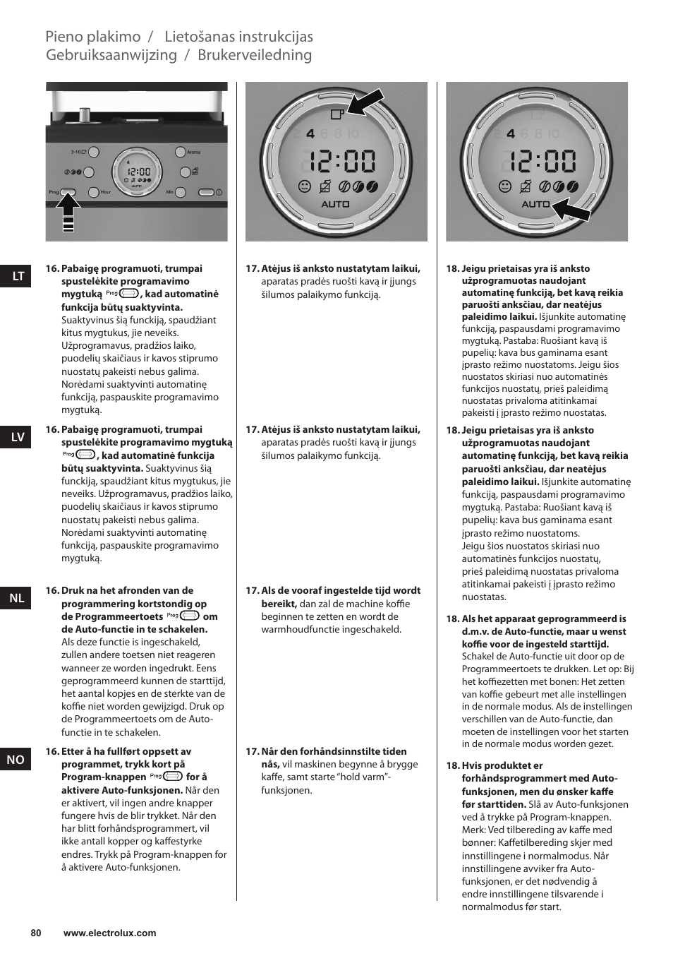 Brukerveiledning, Gebruiksaanwijzing, Lietošanas instrukcijas pieno plakimo | Electrolux EKAM300 User Manual | Page 80 / 154