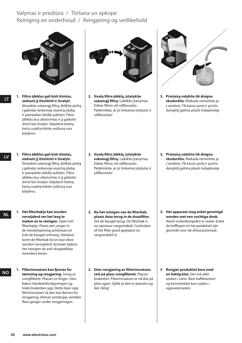 Rengjøring og vedlikehold, Reiniging en onderhoud, Tīrīšana un apkope | Valymas ir priežiūra | Electrolux EKAM300 User Manual | Page 82 / 154