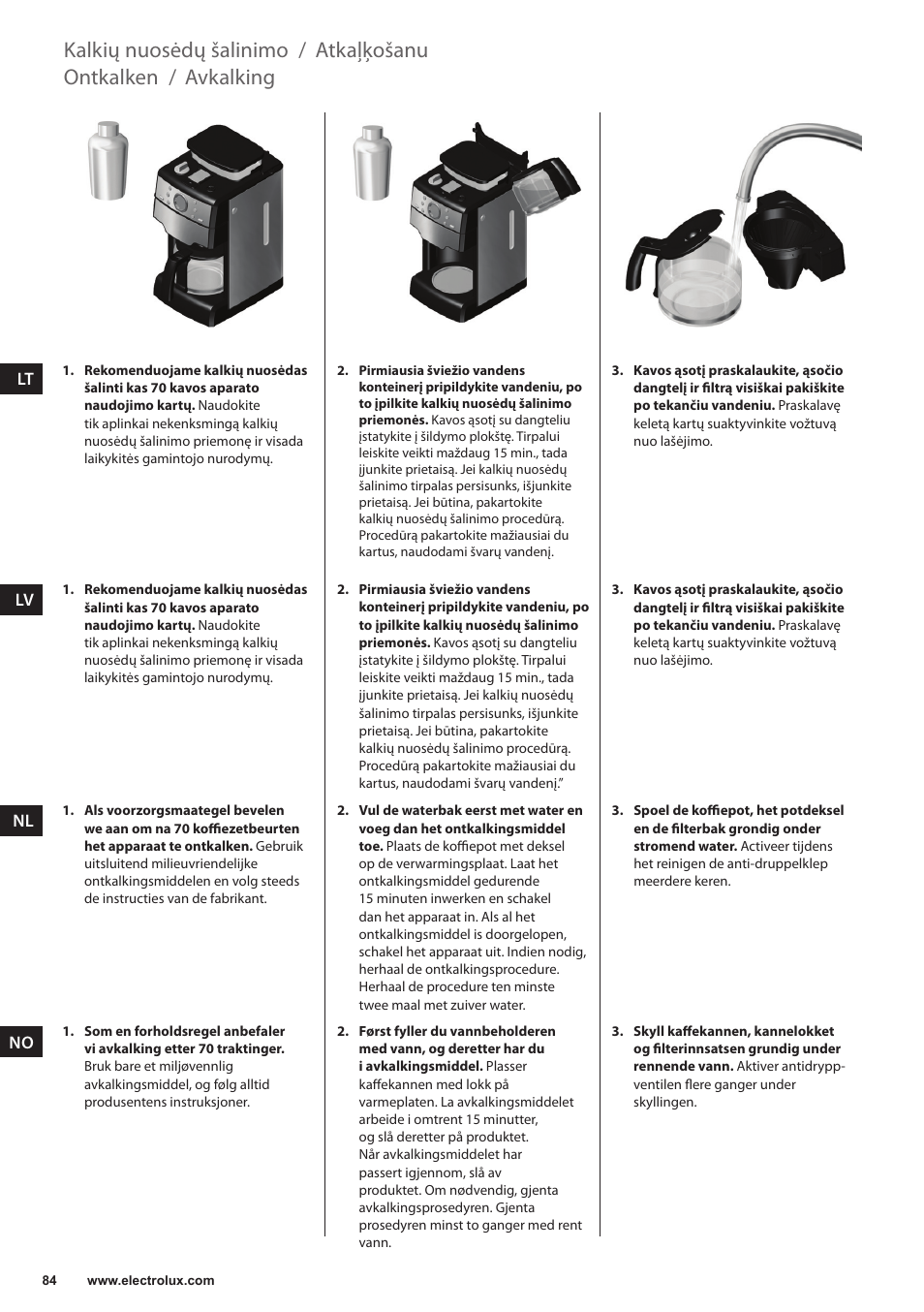 Avkalking, Ontkalken, Atkaļķošanu | Kalkių nuosėdų šalinimo | Electrolux EKAM300 User Manual | Page 84 / 154