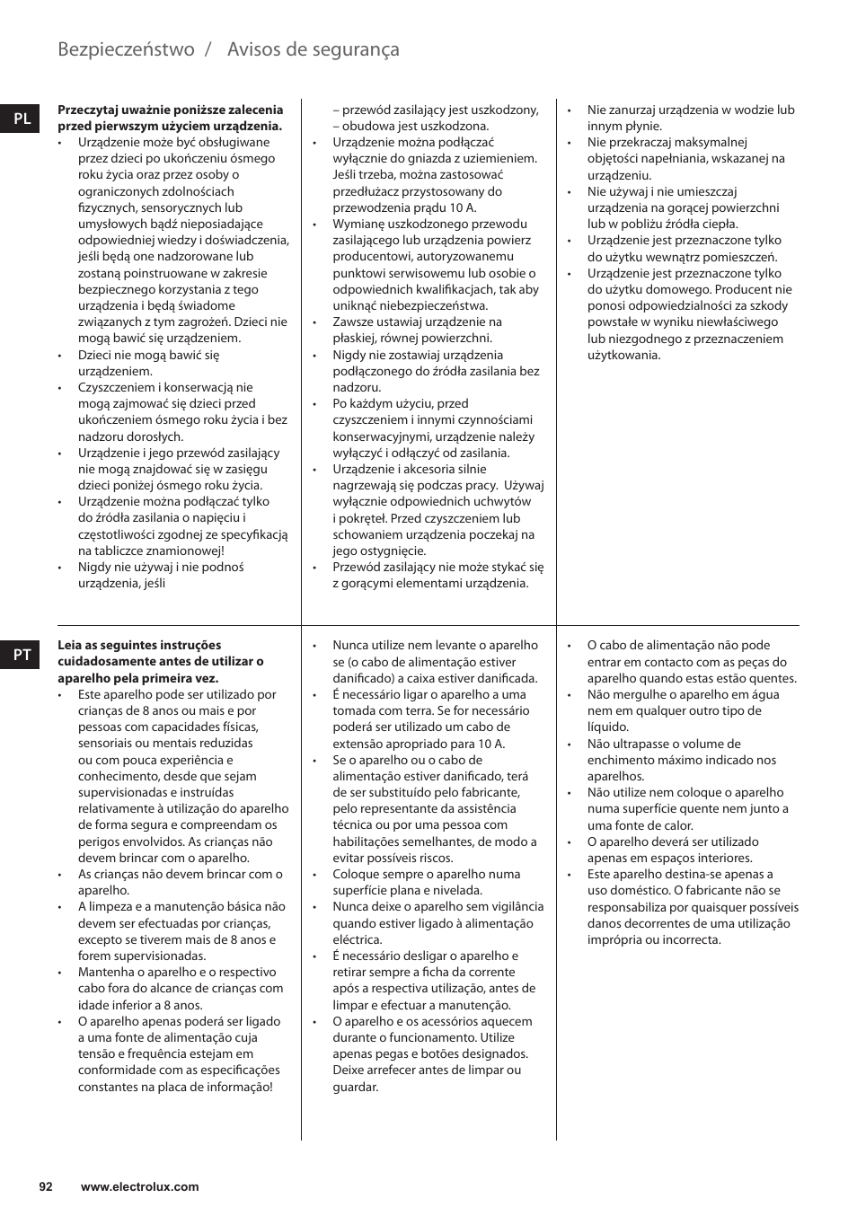 Avisos de segurança, Bezpieczeństwo | Electrolux EKAM300 User Manual | Page 92 / 154