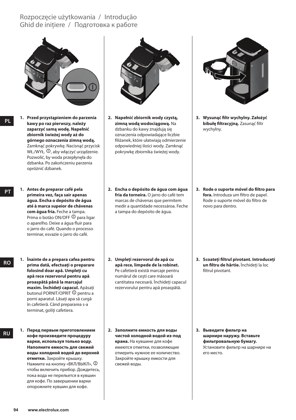 Подготовка к работе, Ghid de iniţiere, Introdução | Rozpoczęcie użytkowania | Electrolux EKAM300 User Manual | Page 94 / 154