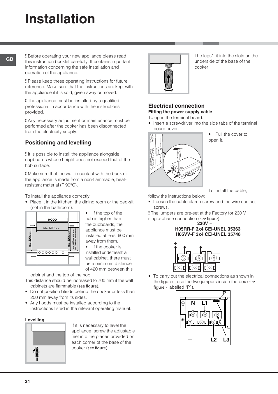 Installation, Positioning and levelling, Electrical connection | Nl2 l1 l3 p | Hotpoint Ariston CE6IFA.F X F-HA S User Manual | Page 24 / 68