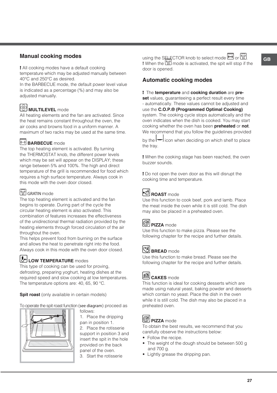 Manual cooking modes, Automatic cooking modes | Hotpoint Ariston CE6IFA.F X F-HA S User Manual | Page 27 / 68