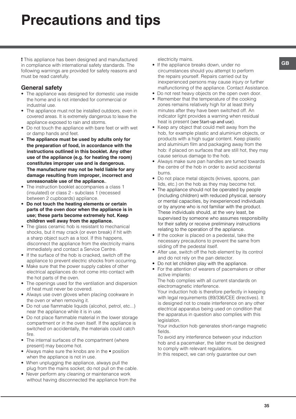 Precautions and tips, General safety | Hotpoint Ariston CE6IFA.F X F-HA S User Manual | Page 35 / 68