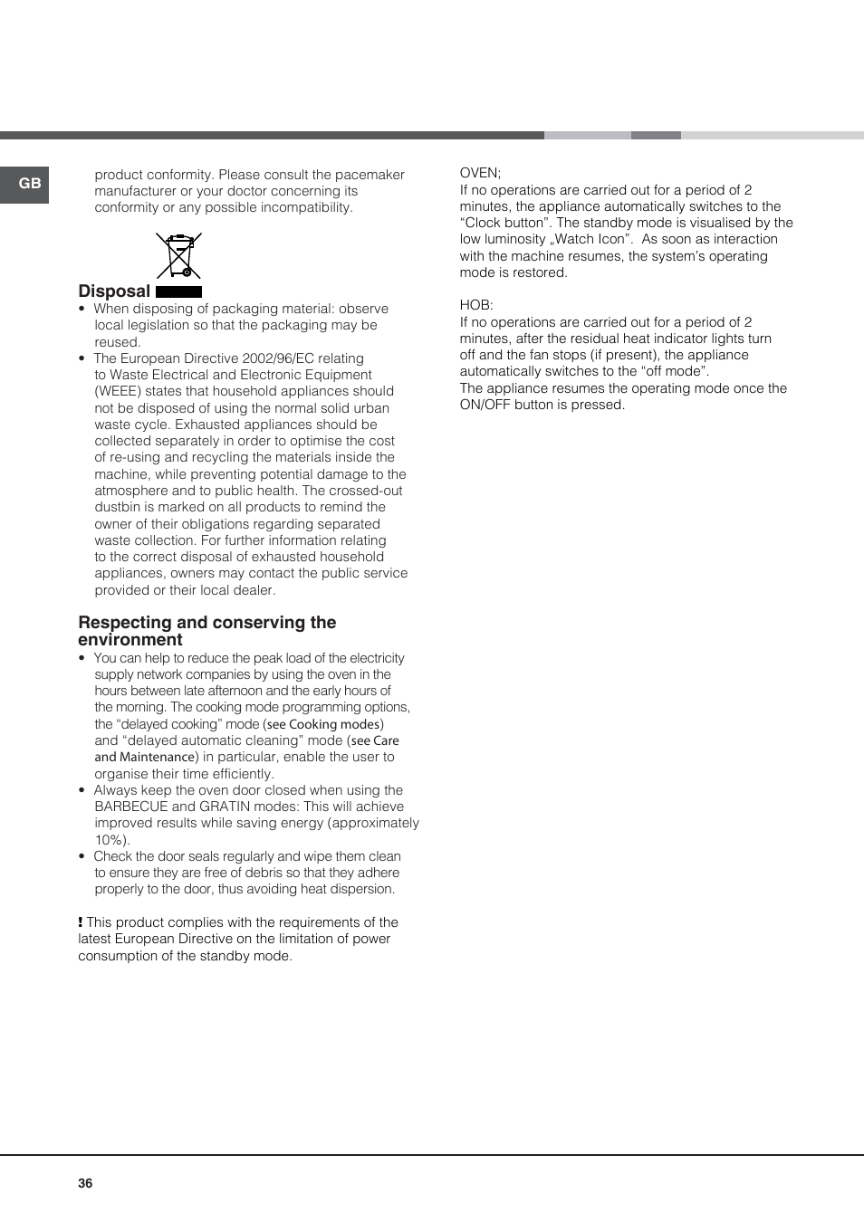 Disposal, Respecting and conserving the environment | Hotpoint Ariston CE6IFA.F X F-HA S User Manual | Page 36 / 68
